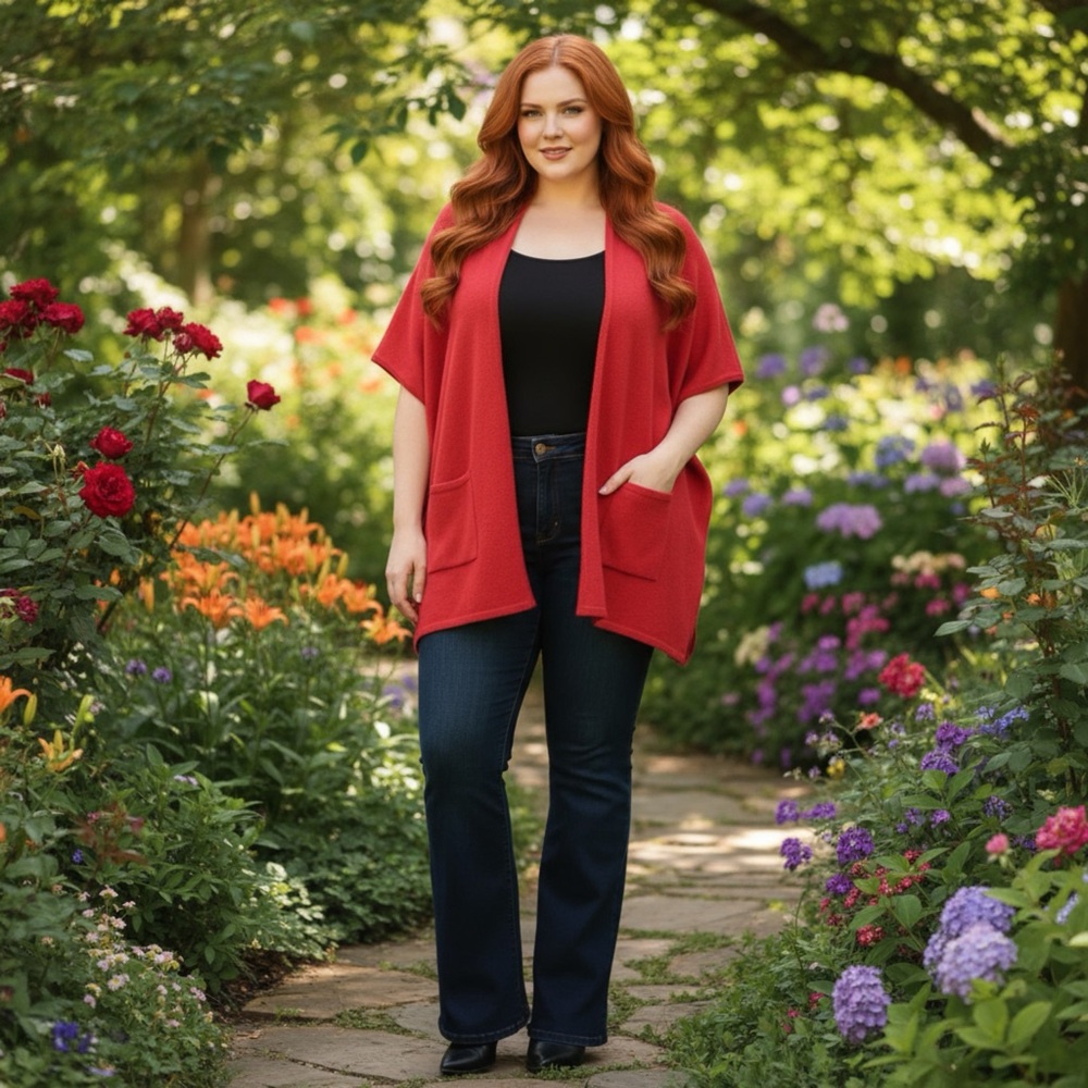 PHENIX Open Front Cardigan Cape Sweater Pockets One Size 100% Cashmere Red